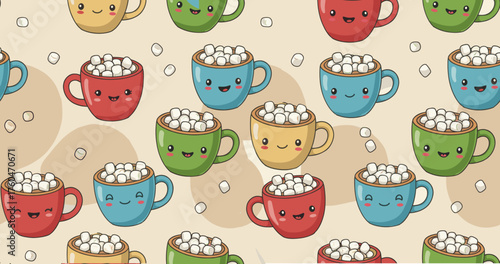 Colorful mugs with marshmallows in seamless pattern design for packaging  