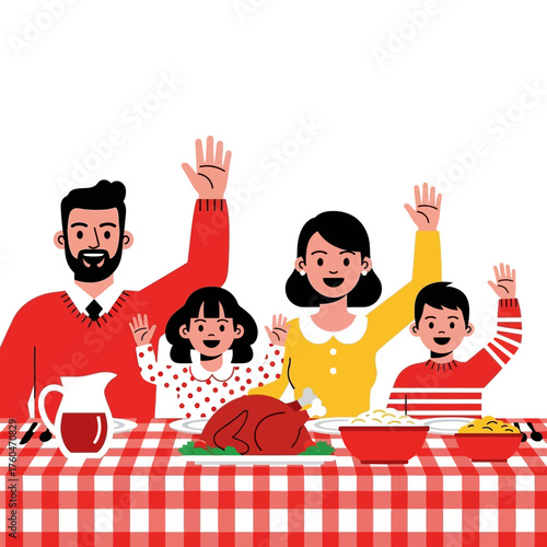 A joyful family of four celebrating a meal together.