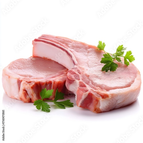 Fresh pork chops with parsley resting on white background