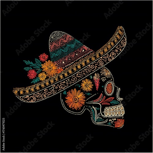 Colorful calavera skull wearing sombrero for day of the dead celebration