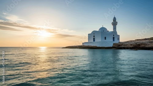 A pristine white building with a minaret is on a rocky coast at sunset, reflecting in the water