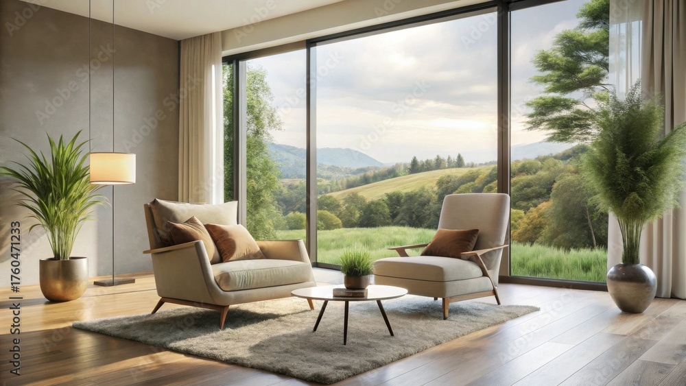 Fototapeta premium Serene Living Room with Panoramic View of Rolling Hills and Lush Greenery, Featuring Modern Armchairs and a Cozy Rug
