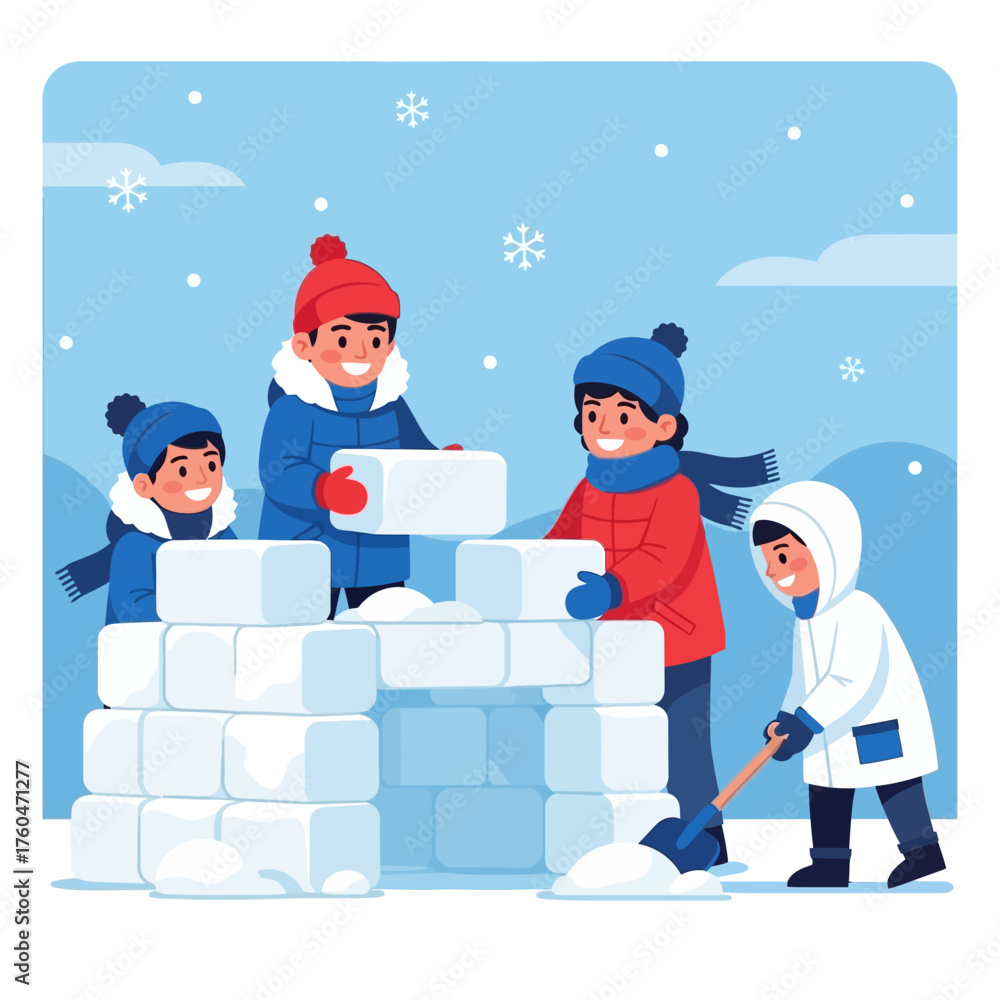 Fototapeta premium Children Building an Igloo in Winter Snow.