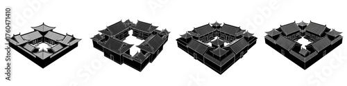 Four isometric views of a dark, abstract architectural model resembling a courtyard with multiple roof structures.