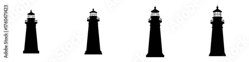Four black lighthouse silhouettes stand in a row against a white background.