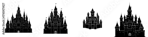 Four black silhouettes of fantasy castles with multiple spires and towers, depicted in a cartoonish or iconic style on a white background.