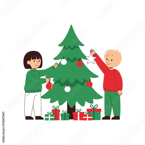 Children Decorating a Christmas Tree with Presents Below.