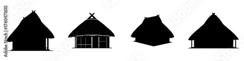 A collection of four black silhouettes of traditional huts with thatched roofs, isolated on a white background.