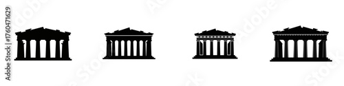 Four black silhouettes of ancient Greek temples with classical columns and pediments, arranged horizontally on a clean white background.