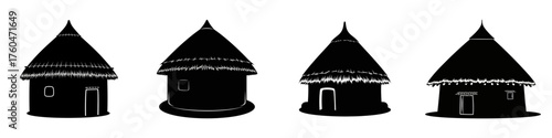 Four traditional African huts with conical roofs, rendered in silhouette against a white background.