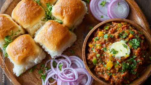 Top view of pav bhaji served with onion slice, mumbai food 