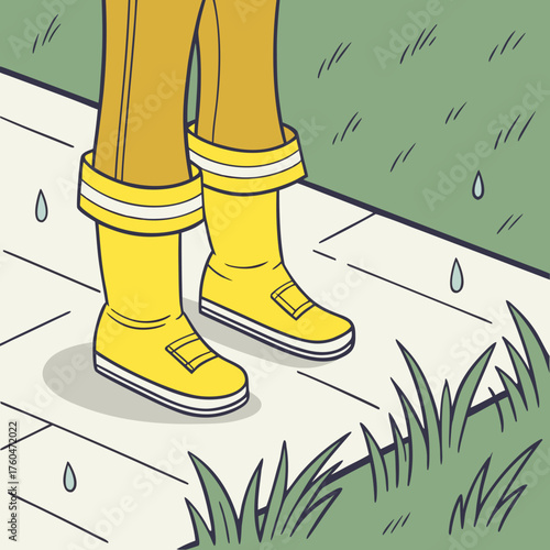 Person wearing yellow rain boots standing on wet pavement outdoors  