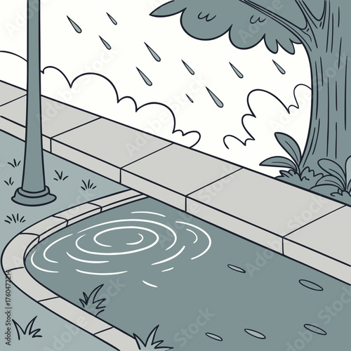 Urban street with rain falling on puddle and green foliage  