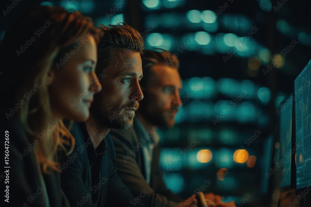 Fototapeta premium Focused business professionals intently analyzing data on computer screens at night