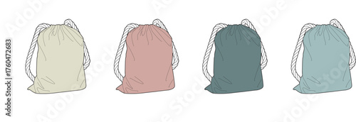 Collection of four blank drawstring bags in different pastel colors, perfect for mockups, design presentations, and apparel accessory showcases