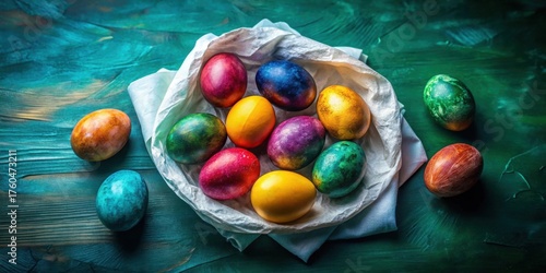 Vibrant Hand-Dyed Eggs Nestled in White Fabric on Dark Green Wooden Surface