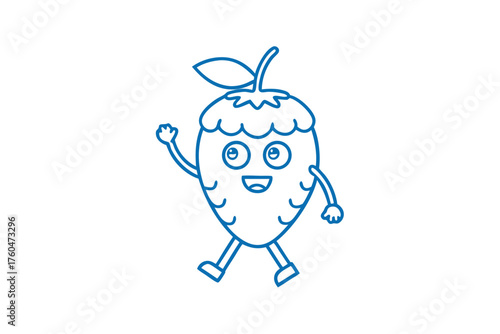 A cheerful blue line strawberry person waves and walks happily on a white background