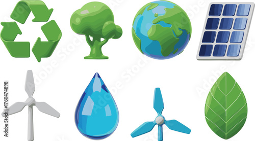 Eco friendly icons collection with recycle symbol, solar panel, wind turbine, green leaf, earth globe, tree, water drop illustration