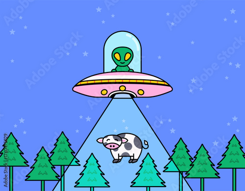 Cute vector illustration of a green alien inside a pink UFO abducting a cow using a light beam above a pine forest at night a fun cartoon style with stars in the sky, perfect for space