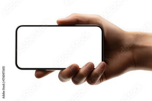 Hand holding a modern smartphone horizontally with a dark screen isolated on transparent background