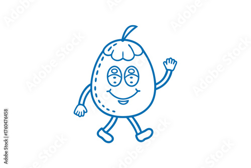 A cheerful blue pear character with a friendly smile is walking and waving happily