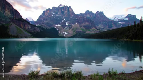 Majestic mountain peaks stand tall over a turquoise lake, reflecting the impressive rock formations and evergreen forest, presenting a serene and tranquil natural landscape at sunset.