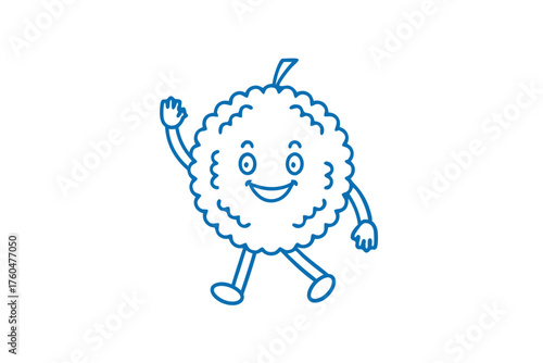 Animated rambutan character cheerfully waves while walking, drawn with simple blue lines on white