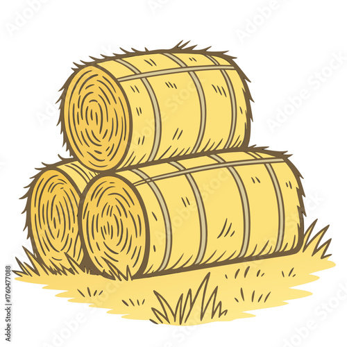 Three stacked hay bales in a grassy field  