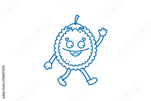 Blue durian cartoon character is happily walking and greeting on a white background