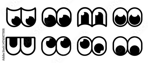 Collection of expressive cartoon eyes with different emotions. A set of black and white character eye shapes with eyelids for creating funny faces, mascots, or stickers.