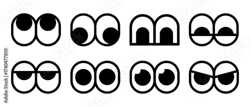 Collection of bold cartoon eye icons. A set of simple black and white character expressions with a thick outline for creating modern mascots or stickers.