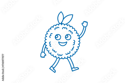 Cheerful fuzzy blue character waves with a happy face and walks forward cheerfully