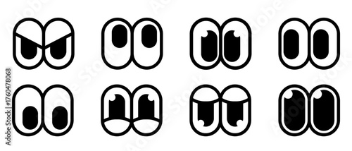 Set of googly cartoon eyes in a simple black and white outline style. A collection of funny and goofy character expressions for comic book or animation design.