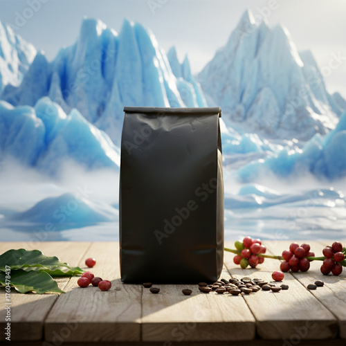 Coffee Packaging with Beans and Berries on Wooden Table in Icy Mountain Background