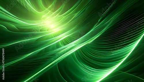 Abstract green glowing lines and curves create a dynamic and flowing visual effect.