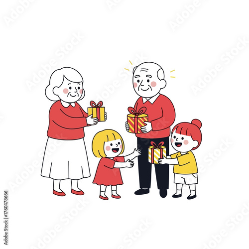 Grandparents and grandchildren exchanging gifts, celebrating family bonds and festive joy.
