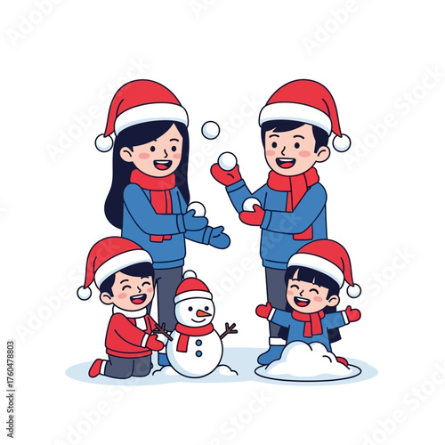 Happy Family Building Snowman and Having Snowball Fight in Winter.