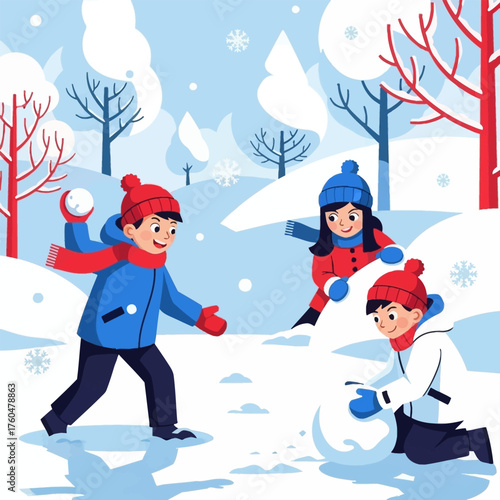 Three happy children playing in the snow, having a fun snowball fight.