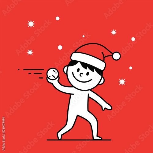 Joyful child in Santa hat throwing snowball during winter snowfall.
