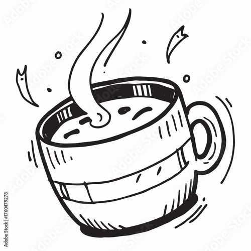 Stylized coffee cup with steam and playful details in black and white  