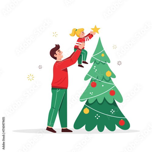 Father and daughter decorating Christmas tree together with star.