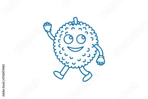 Cheerful lychee character smiles as he walks and waves hello in blue outline