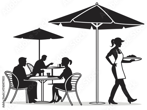 Silhouette illustration of people dining outdoors with a waitress carrying a tray at a cafe setting created with generated ai