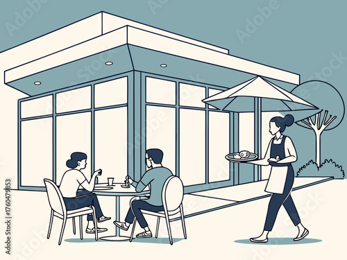 Illustration of a couple dining at an outdoor cafe with a waitress serving food near a modern building created with generated ai