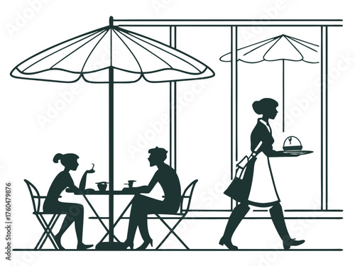 Illustration of people dining at an outdoor cafe with a waitress serving food near window view created with generated ai