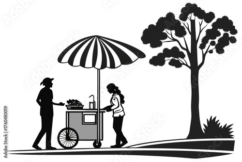 Illustration of a food cart with a striped umbrella, a customer and a vendor near a large tree created with generated ai