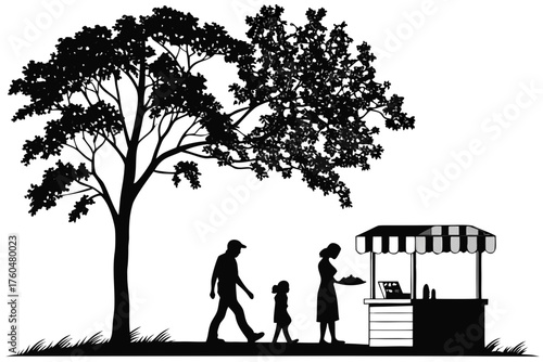 Silhouette of family walking past a food stand under a large tree in a park setting on a sunny day created with generated ai