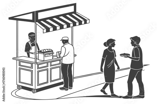 Illustration of a street food vendor with customers buying food from a cart on the sidewalk area scene created with generated ai