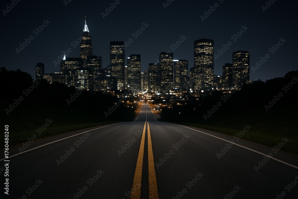 Obraz premium Empty highway leading to illuminated modern city skyline at night under dark sky, symbolizing travel and future possibilities. Ai generative. Ai generative