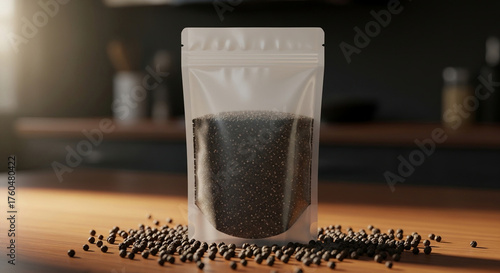 Black Pepper Aromatic Spice in a Clear Pouch on a Wooden Surface